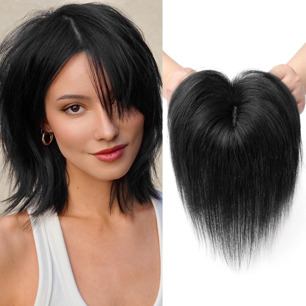 Human Hair Topper‎ 6” with Bangs • Natural Black • Clip-In for Thin Hair